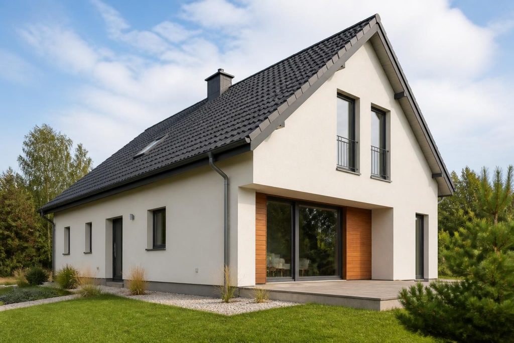 Modern home exterior with finished facade insulation and clean roofline.