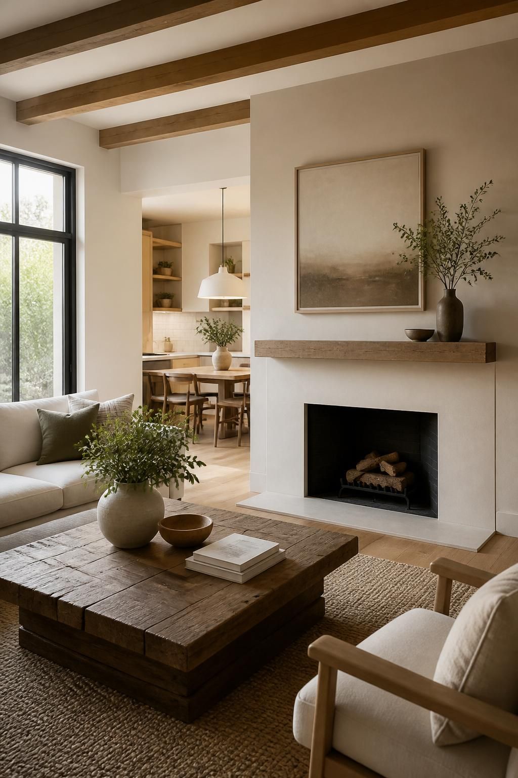Freshly renovated living space with natural materials and soft daylight.